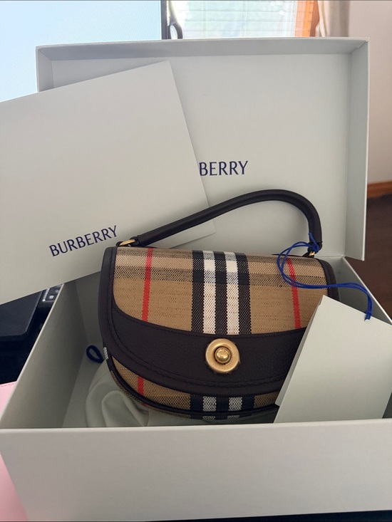 Burberry Handbags - NEVER USEDBurberry Tan Vintage Check Mini Top-Handle Bag with Black Leather Trim